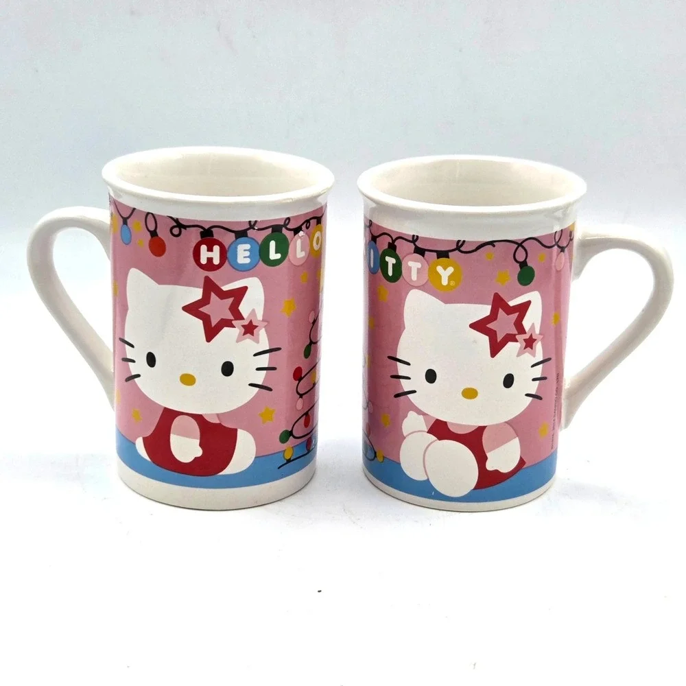 Hello Kitty Sanrio Christmas Holiday Lights PINK Ceramic Mugs Set of (2) Cute!